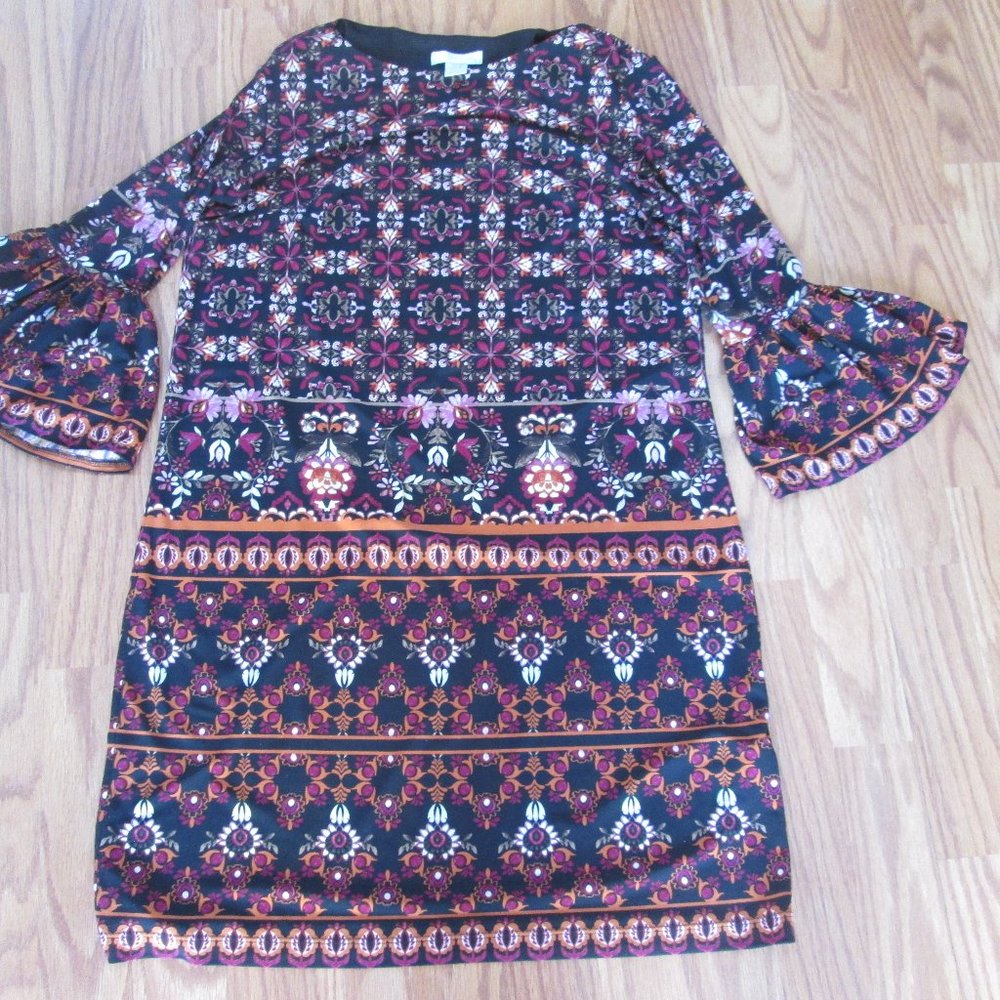 London Times Size 4 Dress Black Orange White Rose Taupe Cute Bell Sleeves